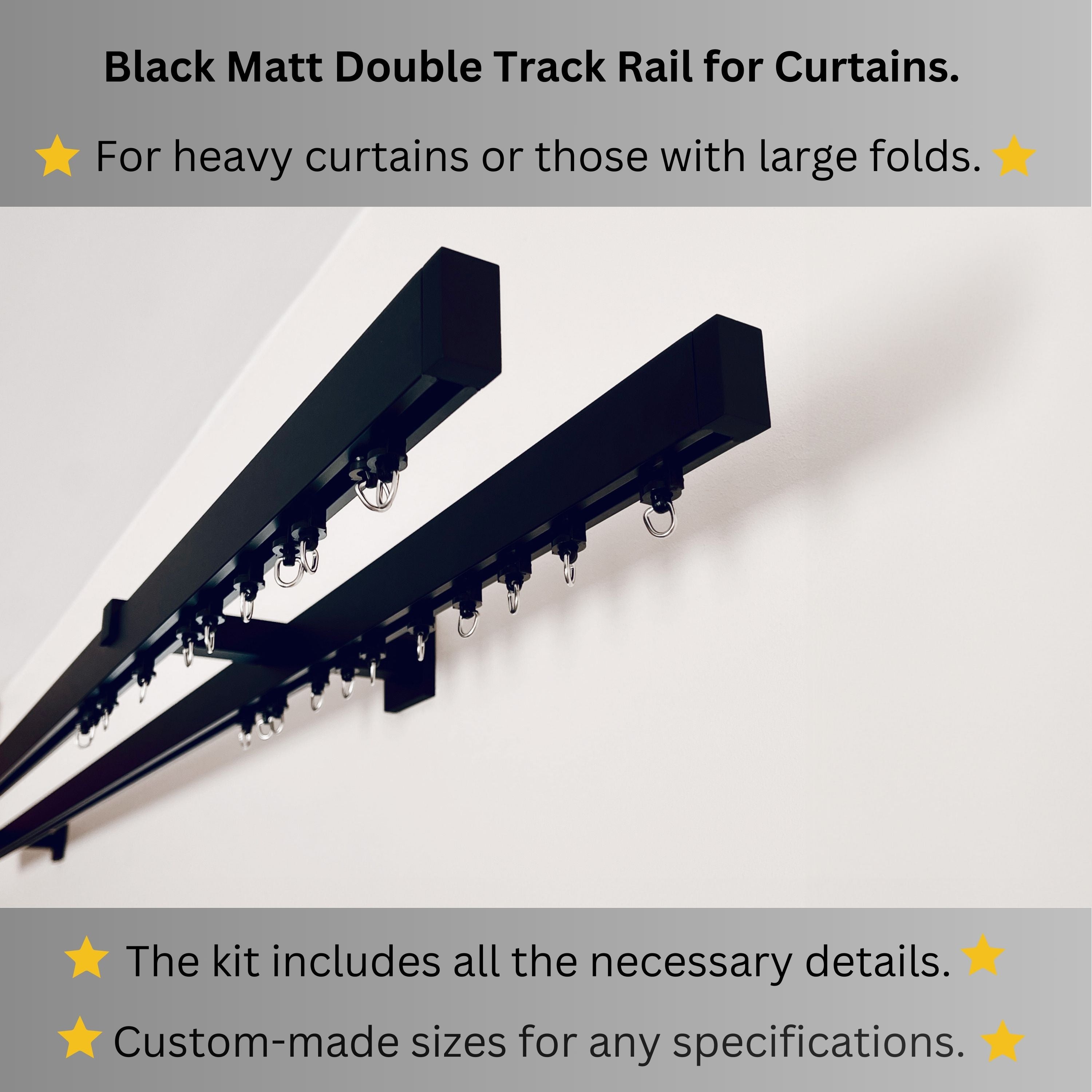 Wall-Mount Black Matte Double Curtain Track Rail: Custom Sizes, Decorative 2-track Rail for Curtains, Sheers, and Blinds