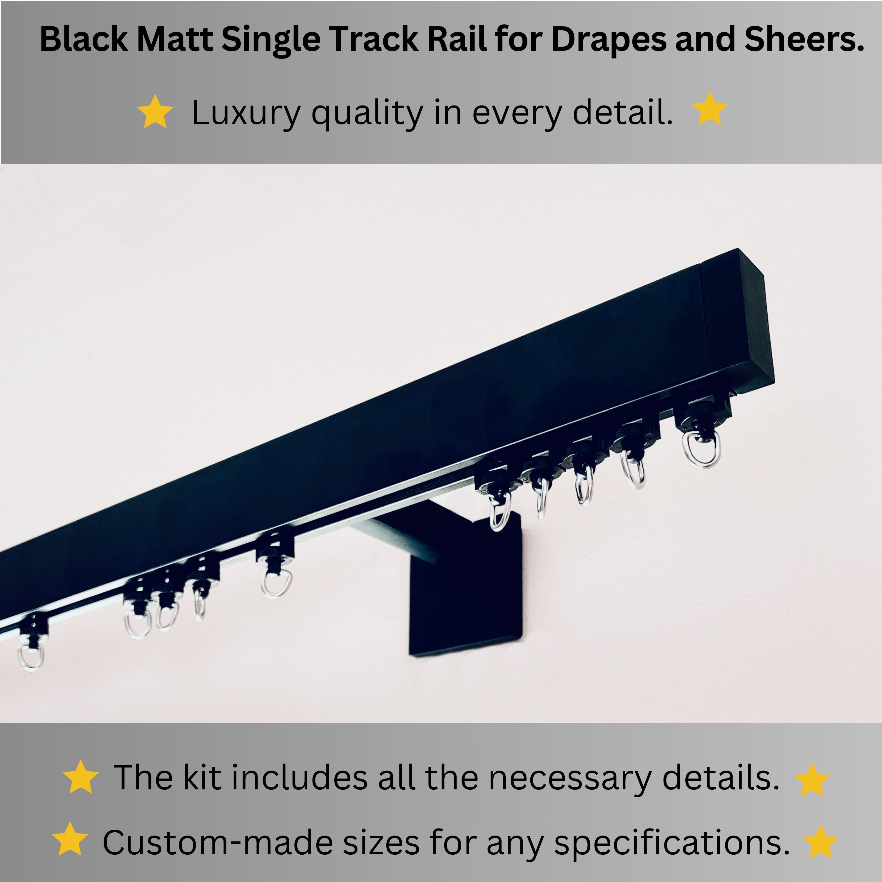 Wall-Mount Black Matte One-Way Curtain Track Rail: Custom Sizes, Decorative Single Rail for Curtains, Sheers, and Blinds