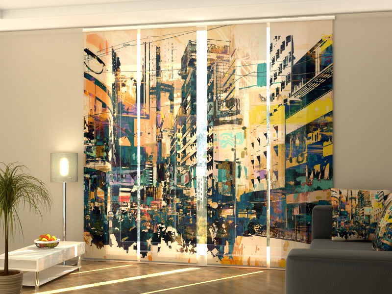 4-Panel Curtains Kit with 4-Track Rail, Abstract New York, Size: 60x300 cm