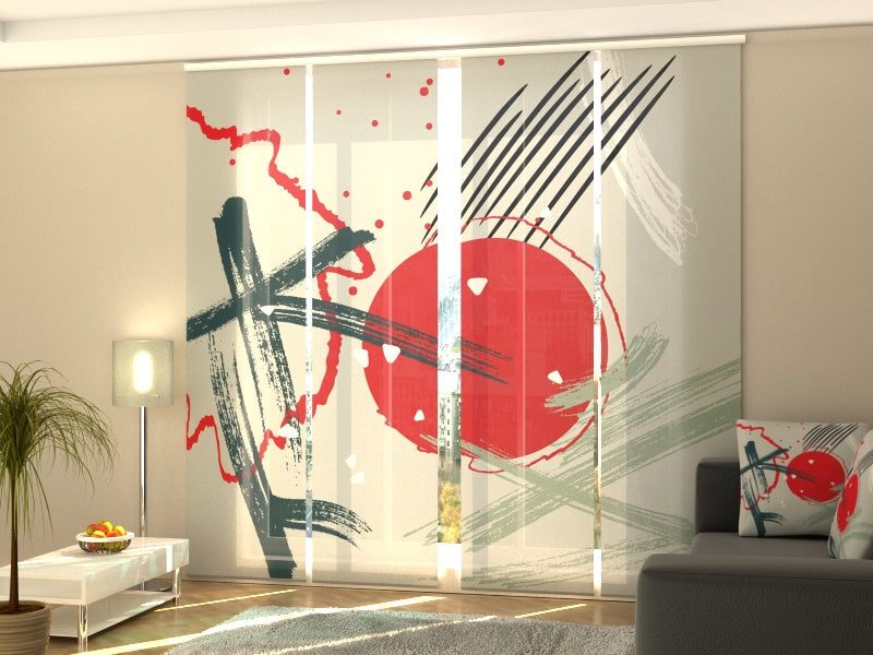 4-Panel Curtains Kit with 4-Track Rail, Abstract Red Chinese Sun, Size: 60x245 cm