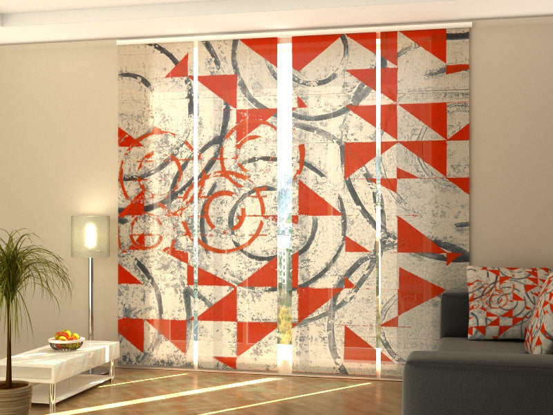 4-Panel Curtains Kit with 4-Track Rail, Abstract Red and Black Geometric Shapes, Size: 60x300 cm