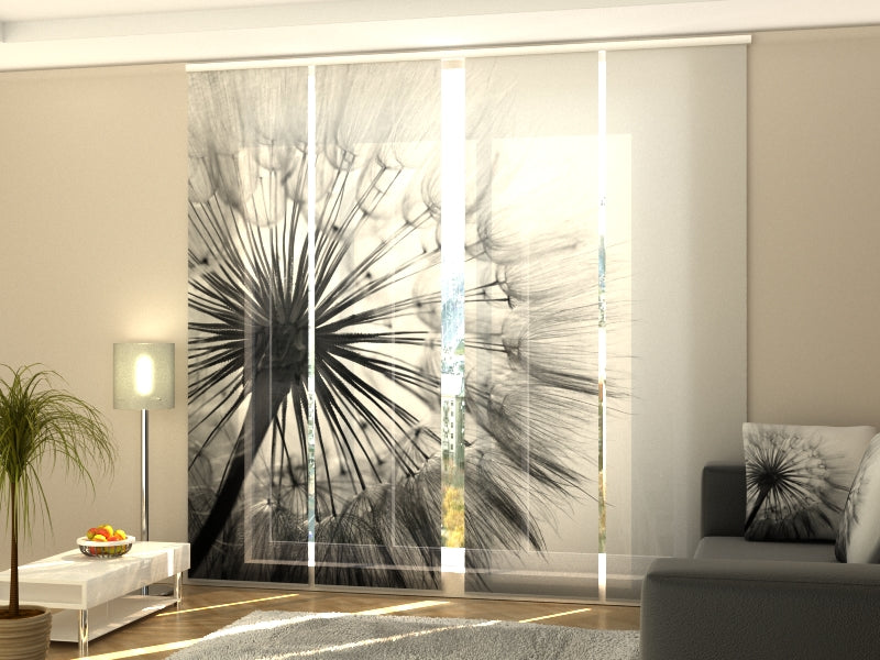 4-Panel Curtains Kit with 4-Track Rail, Amazing Dandelion Black and White, Size: 60x300 cm