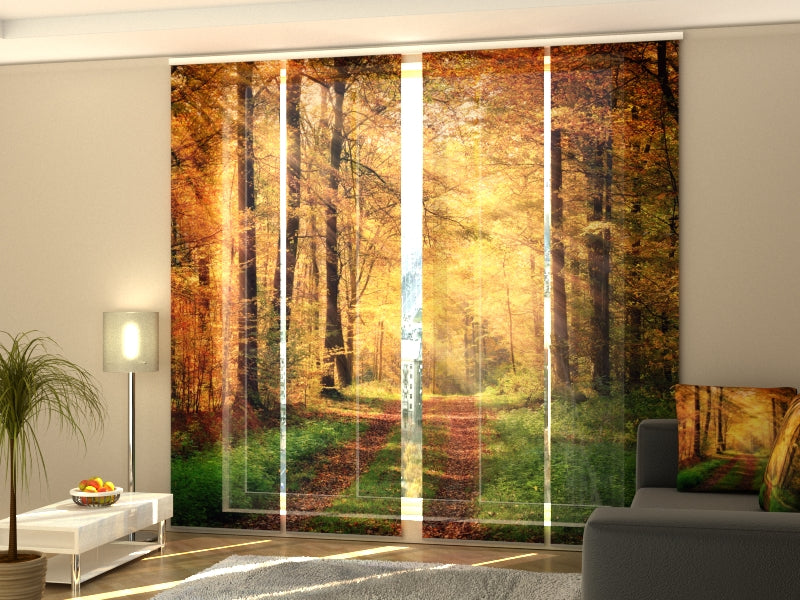 4-Panel Curtains Kit with 4-Track Rail, Autumn Road, Size: 60x270 cm