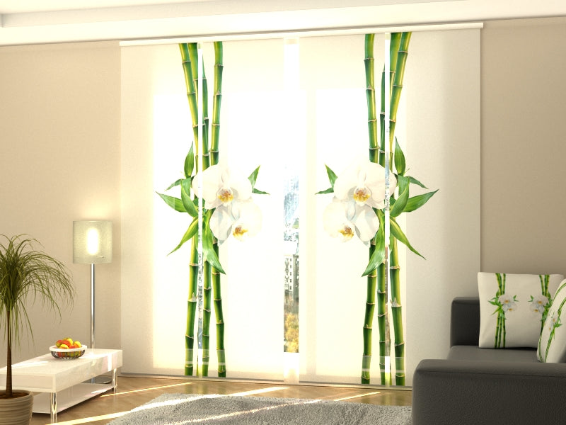 4-Panel Curtains Kit with 4-Track Rail, Bamboo and white orchid, Size: 60x300 cm