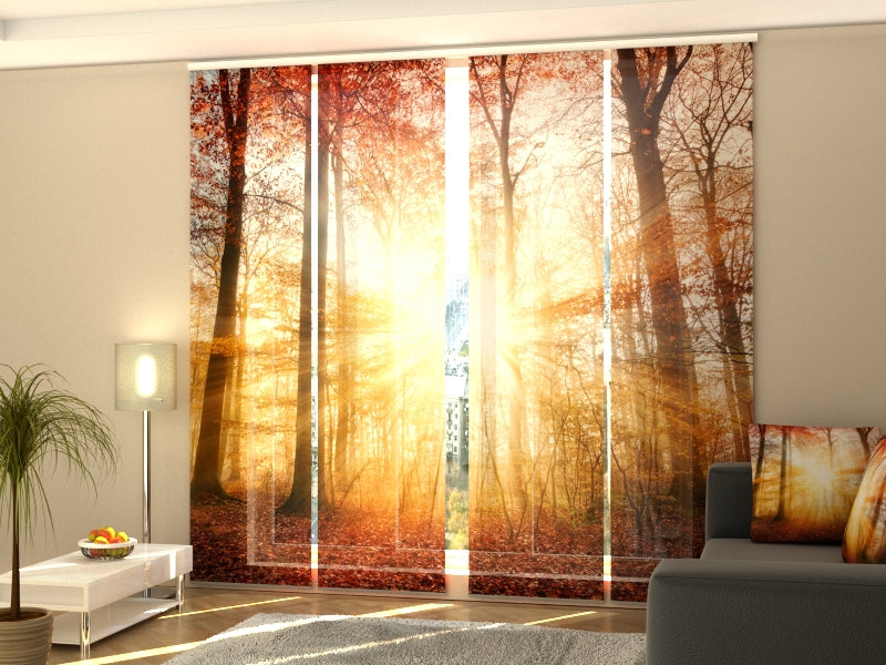 4-Panel Curtains Kit with 4-Track Rail, Beautiful Autumn Sunlight in a Forest, Size: 60x300 cm