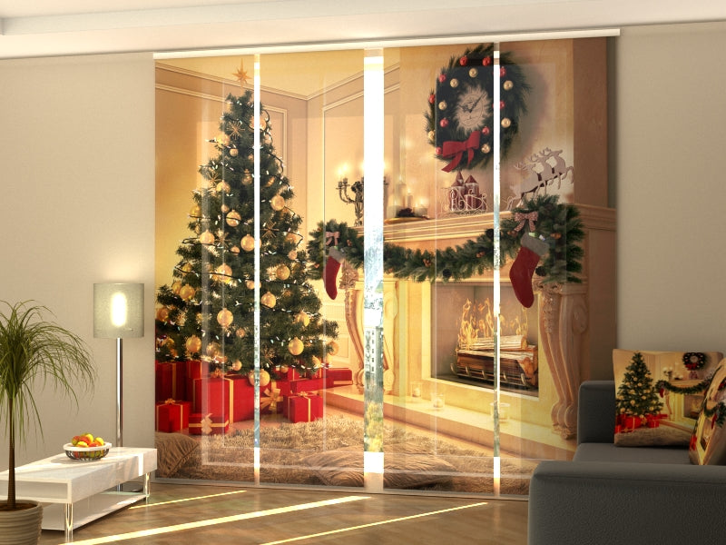 Sliding Panel Curtain Beautiful Christmas Tree and Fireplace - Wellmira