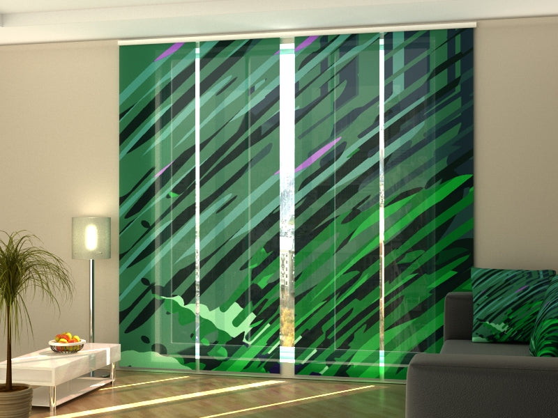 4-Panel Curtains Kit with 4-Track Rail, Beautiful Green Illustration, Size: 60x245 cm