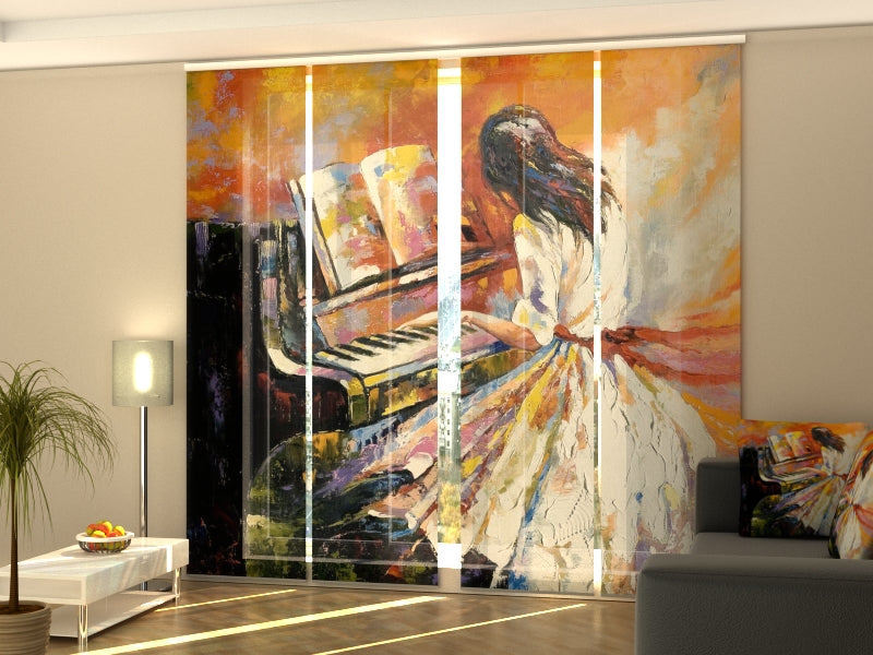 4-Panel Curtains Kit with 4-Track Rail, Beautiful Pianist, Size: 60x245 cm