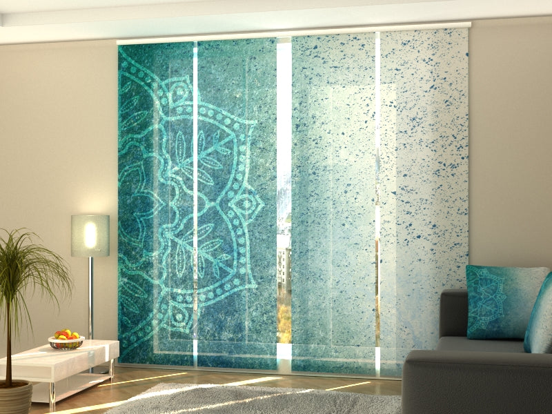 4-Panel Curtains Kit with 4-Track Rail, Blue Mandala, Size: 60x300 cm