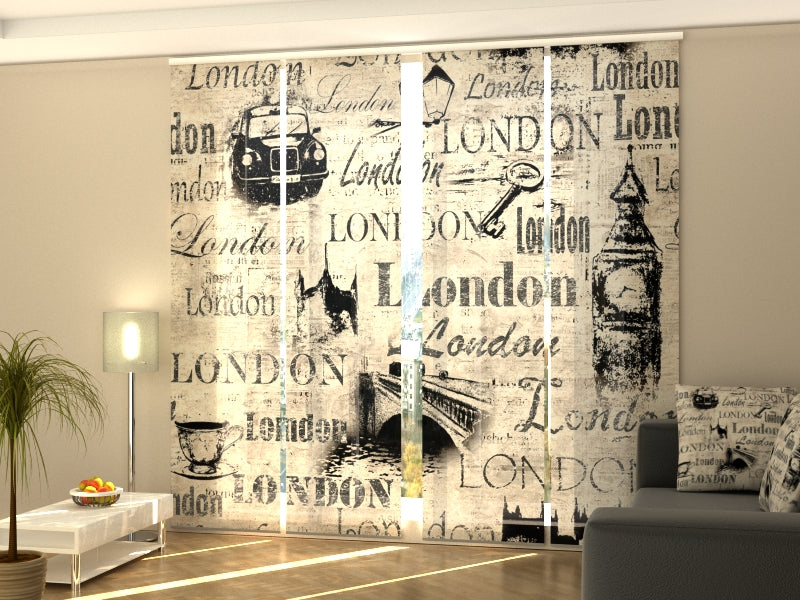 4-Panel Curtains Kit with 4-Track Rail, Collage Old London, Size: 60x270 cm