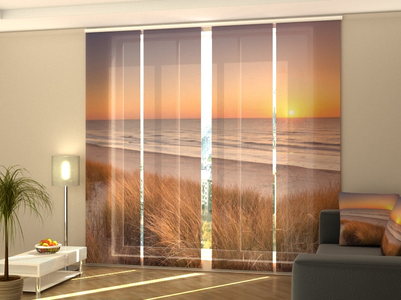 4-Panel Curtains Kit with 4-Track Rail, Dunes and Beach at Sunset in The Netherlands, Size: 60x300 cm