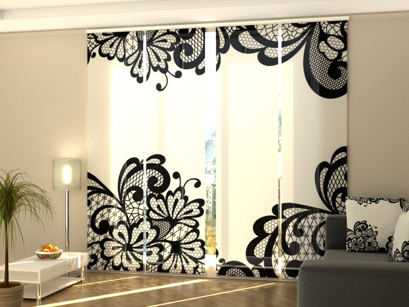 Set of 4 Panel Curtains Elegant Black Lace