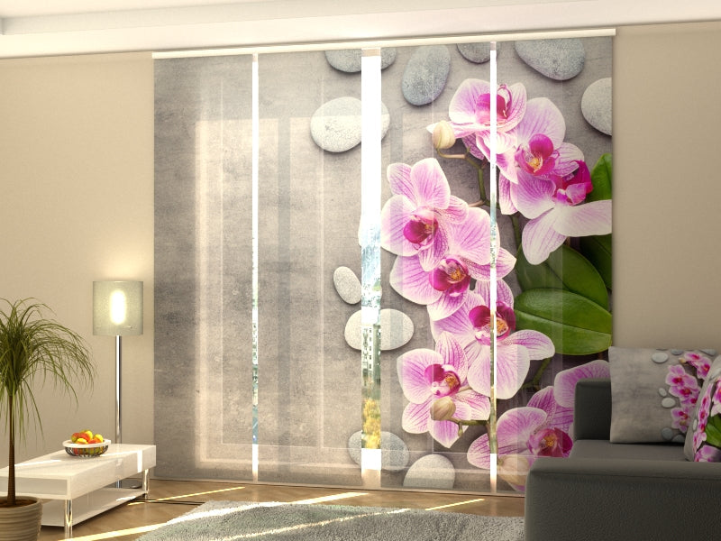 4-Panel Curtains Kit with 4-Track Rail, Gentle Pink Orchids and Stones, Size: 60x270 cm