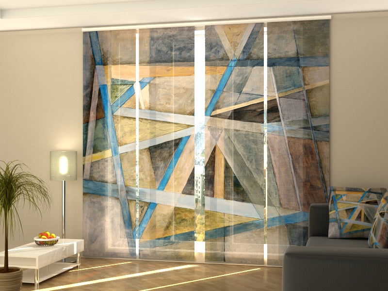 4-Panel Curtains Kit with 4-Track Rail, Geometric Abstract Lines, Size: 60x270 cm