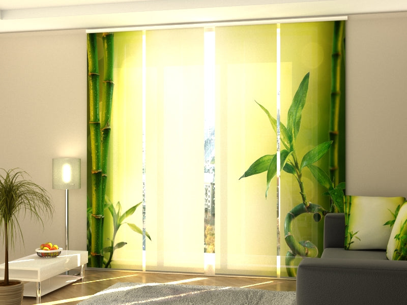 4-Panel Curtains Kit with 4-Track Rail, Green Fresh Bamboo, Size: 60x300 cm