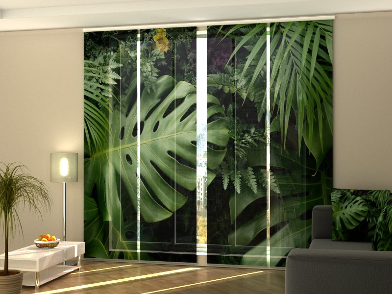 4-Panel Curtains Kit with 4-Track Rail, Green Tropical Leaves, Size: 60x245 cm