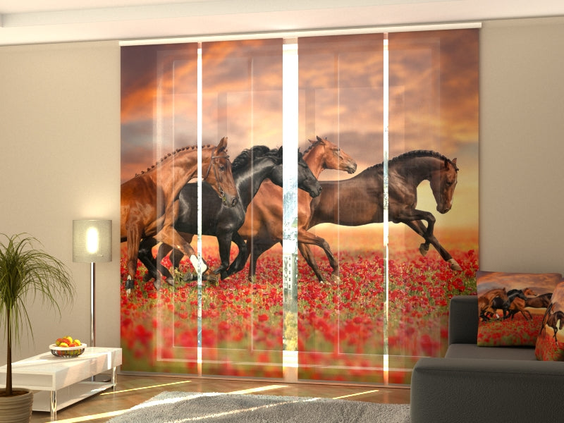 Set of 4 Panel Horses in the Poppies Field