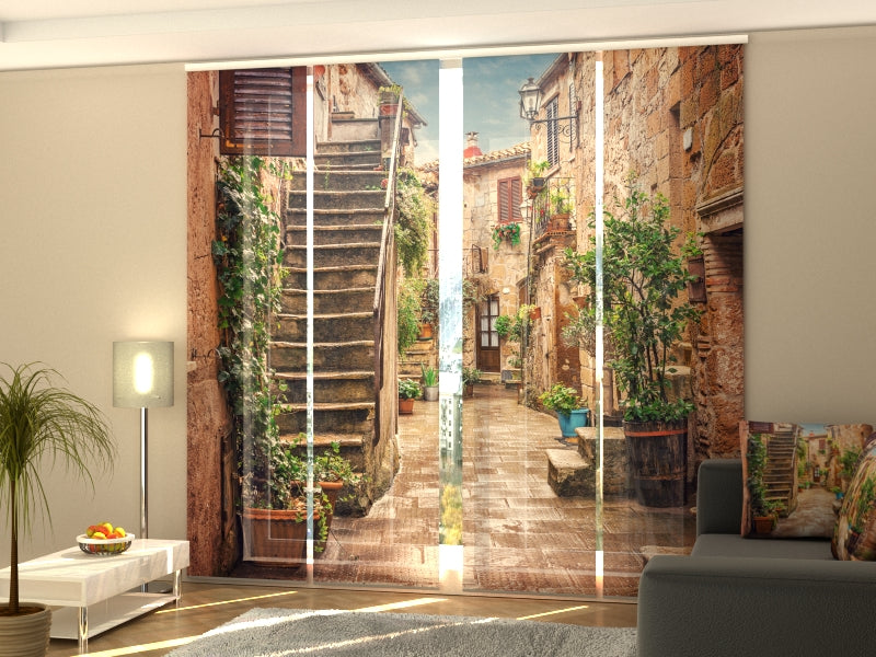 4-Panel Curtains Kit with 4-Track Rail, Old Street in Tuscany, Size: 60x270 cm