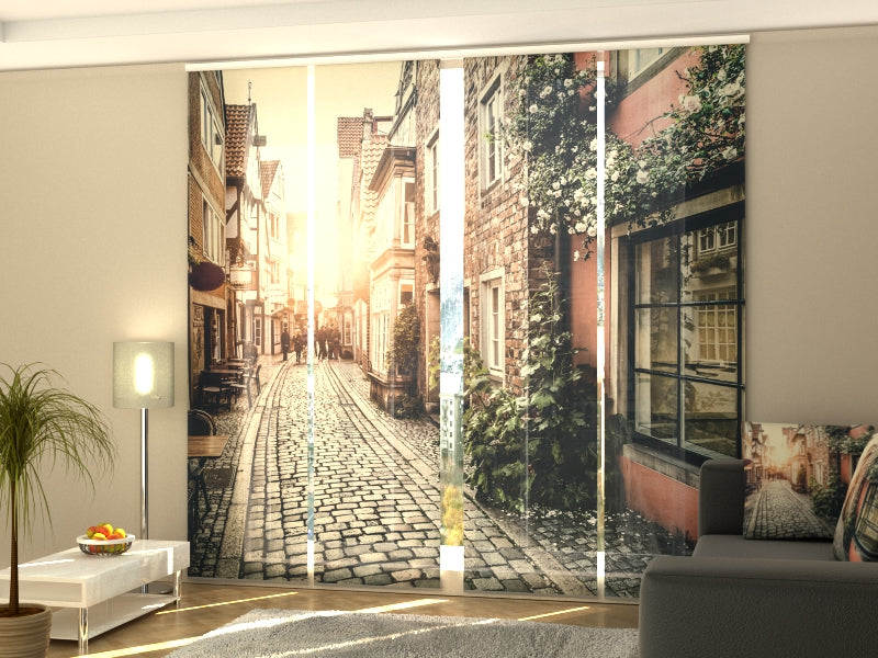 4-Panel Curtains Kit with 4-Track Rail, Old Town at Sunset, Size: 60x245 cm