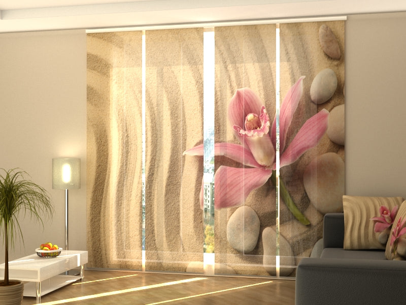 4-Panel Curtains Kit with 4-Track Rail, Orchid and Spa Stones on Sand, Size: 60x300 cm