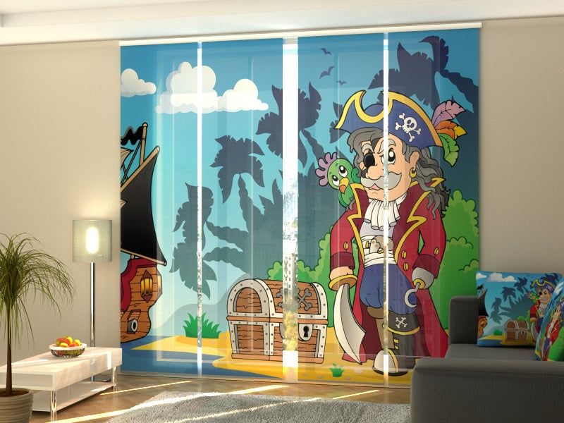 4-Panel Curtains Kit with 4-Track Rail, Pirate and Treasure, Size: 60x245 cm