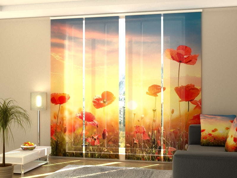 4-Panel Curtains Kit with 4-Track Rail, Poppies Field at Sunset, Size: 60x300 cm