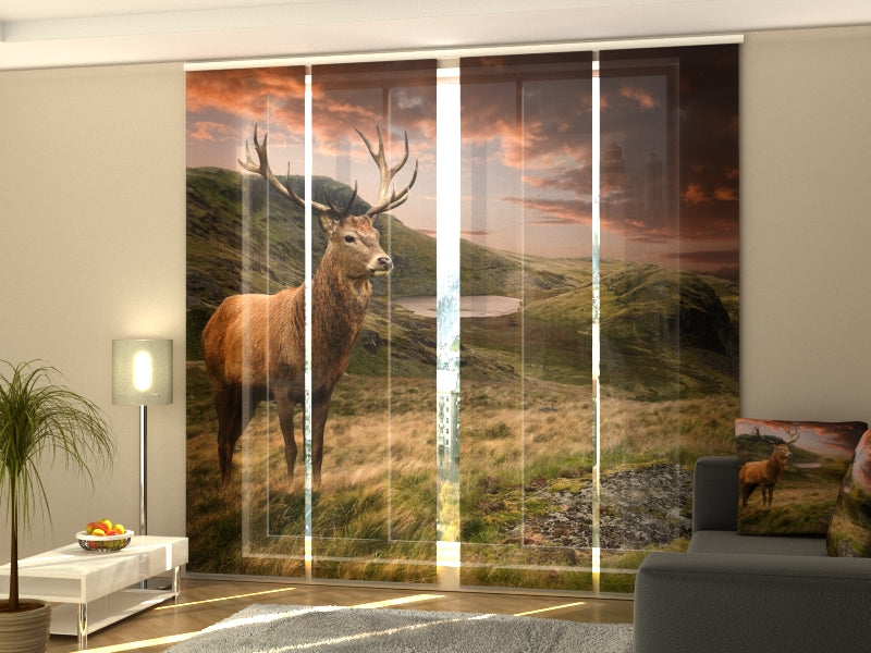 4-Panel Curtains Kit with 4-Track Rail, Red Deer at Sunset, Size: 60x300 cm