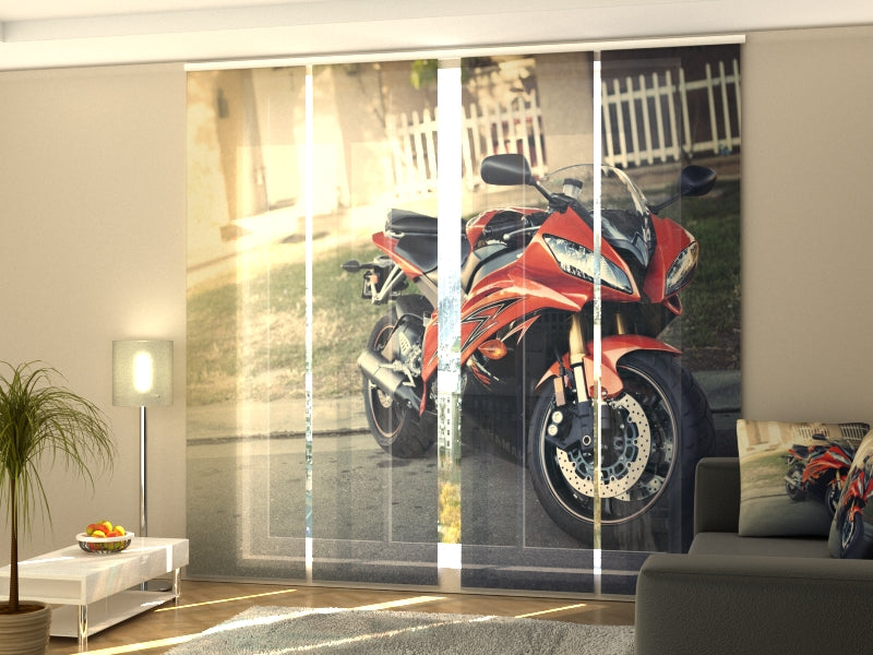 Set of 4 Panel Curtains Red Motorcycle