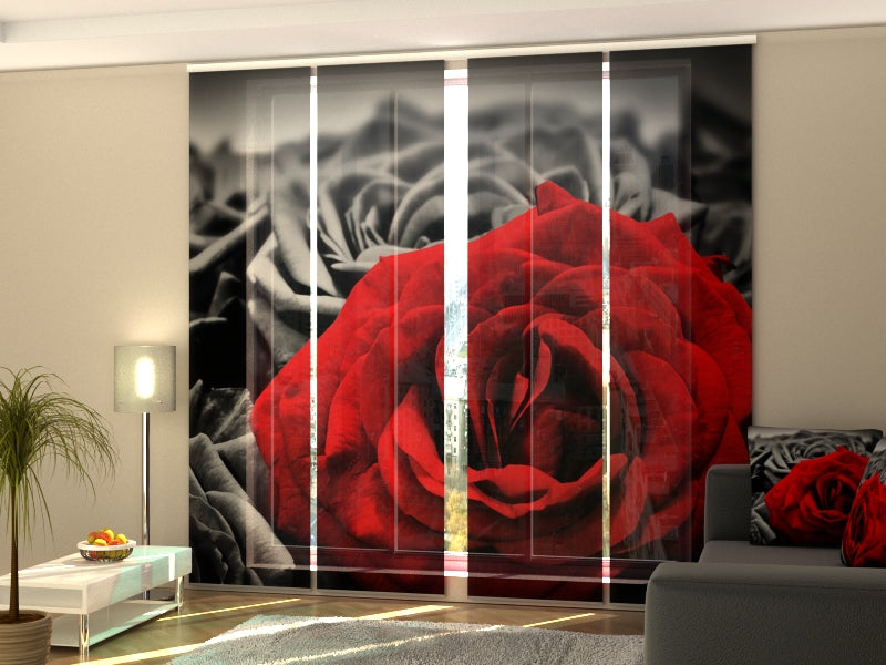 4-Panel Curtains Kit with 4-Track Rail, Red Rose on Black and White, Size: 60x300 cm