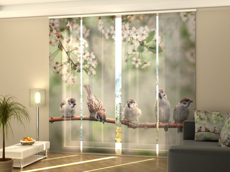 4-Panel Curtains Kit with 4-Track Rail, Small Birds on a Blooming Tree, Size: 60x300 cm