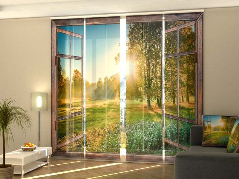 4-Panel Curtains Kit with 4-Track Rail, Sunrise View from the Window, Size: 60x300 cm