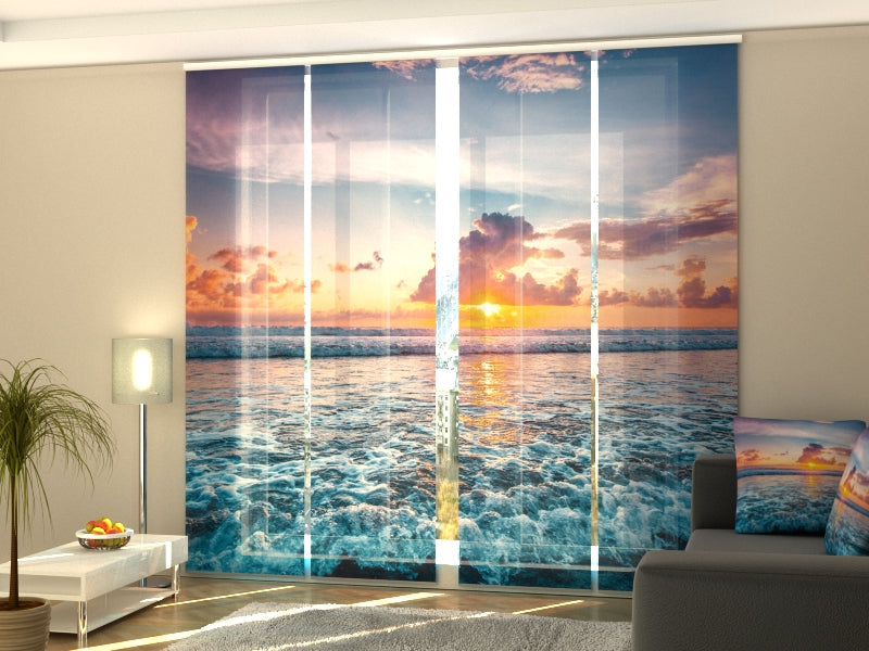 4-Panel Curtains Kit with 4-Track Rail, Sunset Over the Ocean Waves, Size: 60x245 cm