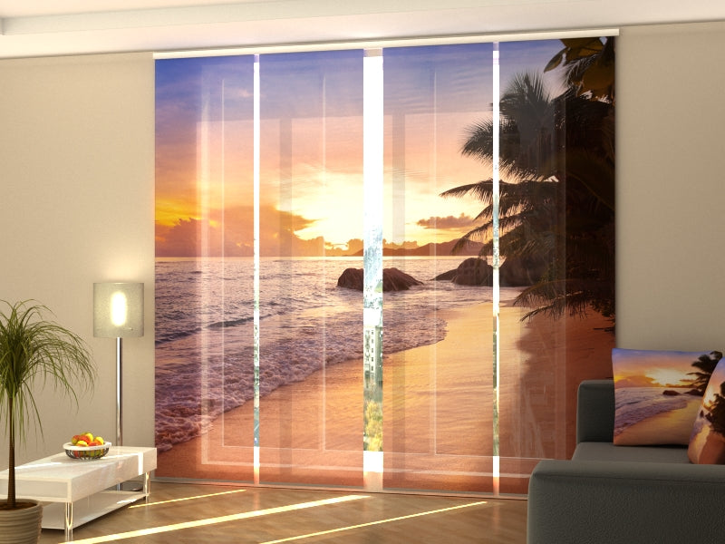 4-Panel Curtains Kit with 4-Track Rail, Sunset on the Beach at Seychelles, Size: 60x270 cm