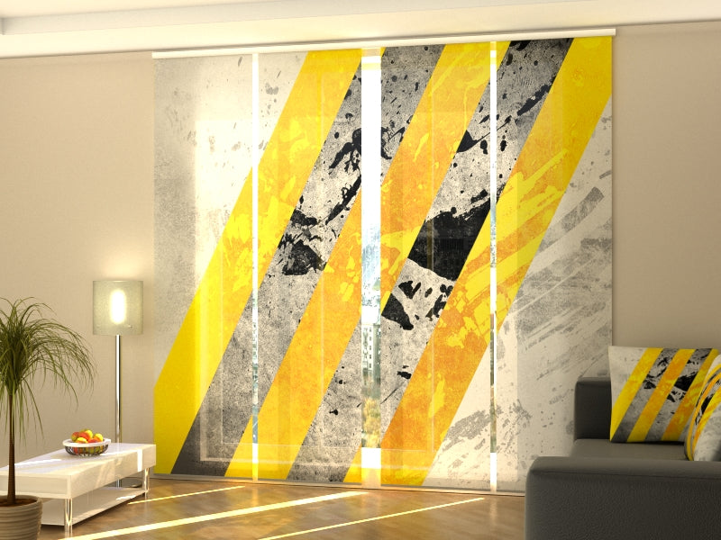 4-Panel Curtains Kit with 4-Track Rail, Yellow and Gray Lines Abstractions, Size: 60x245 cm