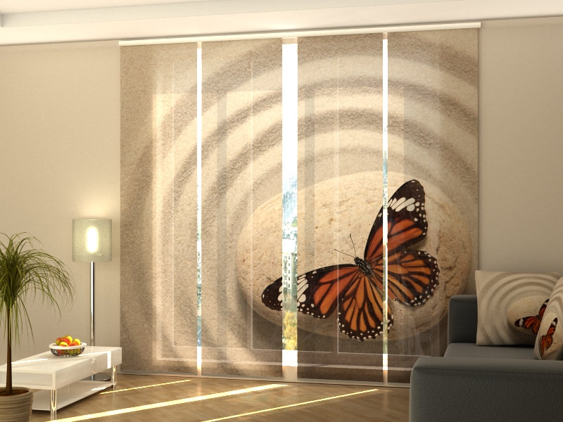 4-Panel Curtains Kit with 4-Track Rail, Zen Stone with Butterfly, Size: 60x270 cm