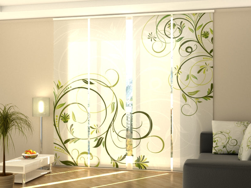 4-Panel Curtains Kit with 4-Track Rail, Abstract Green Floral, Size: 60x300 cm