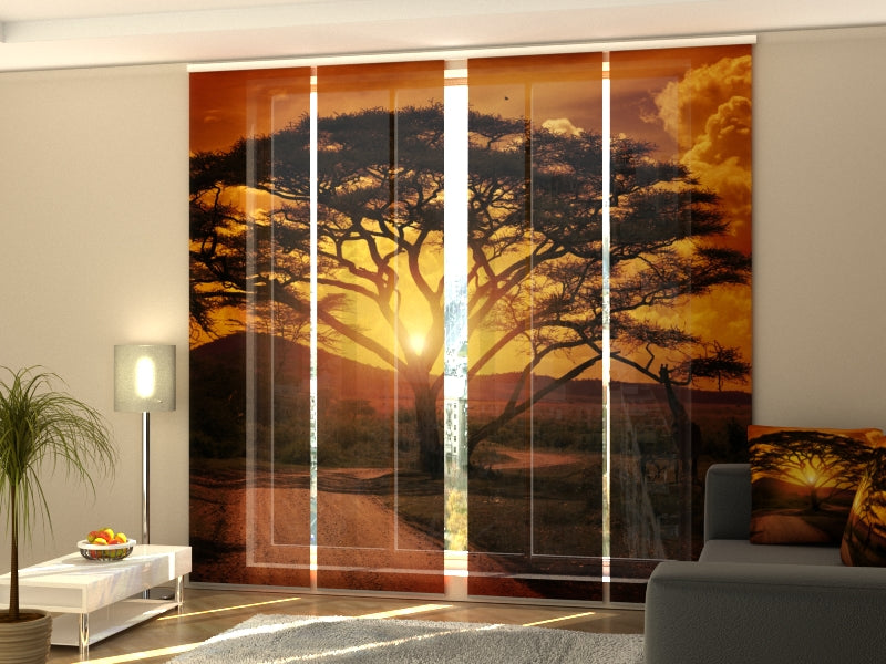 4-Panel Curtains Kit with 4-Track Rail, Africa Sunset, Size: 60x270 cm