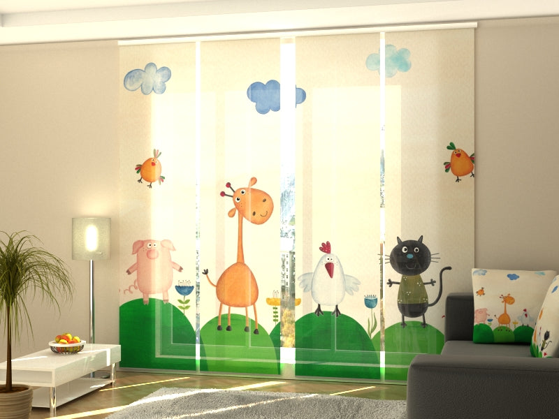 4-Panel Curtains Kit with 4-Track Rail, Baby Animals, Size: 60x245 cm