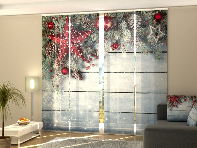 4-Panel Curtains Kit with 4-Track Rail, Christmas Red Star, Size: 60x245 cm