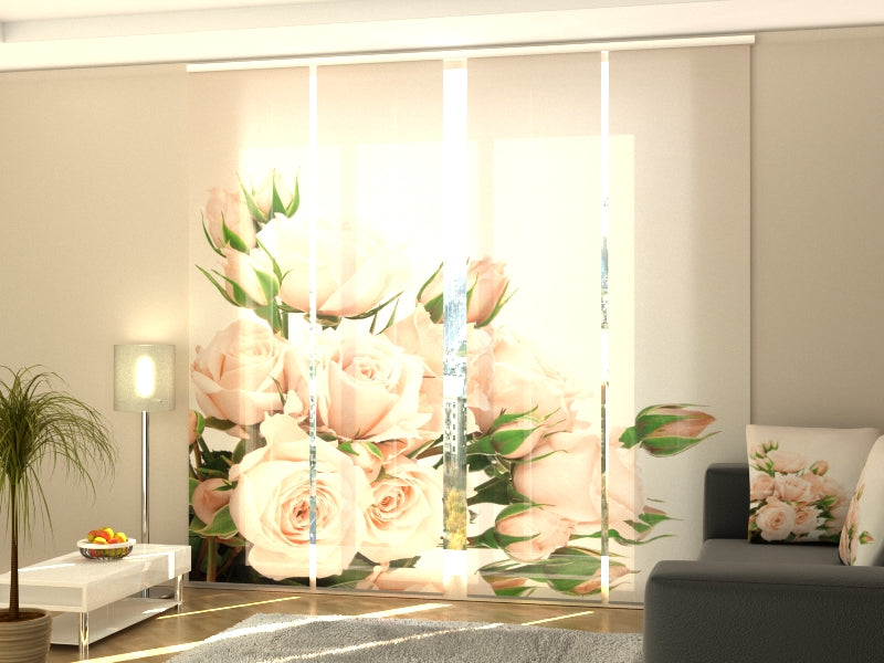 4-Panel Curtains Kit with 4-Track Rail, Cream Roses, Size: 60x300 cm