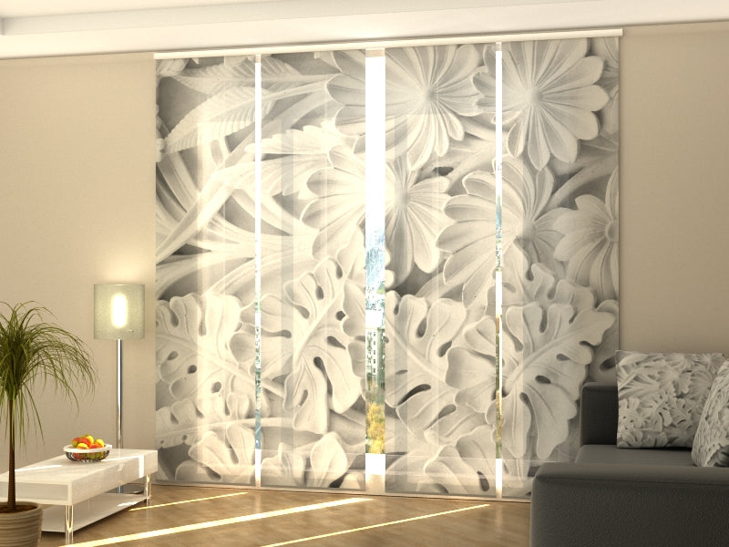 4-Panel Curtains Kit with 4-Track Rail, Floral Relief, Size: 60x300 cm