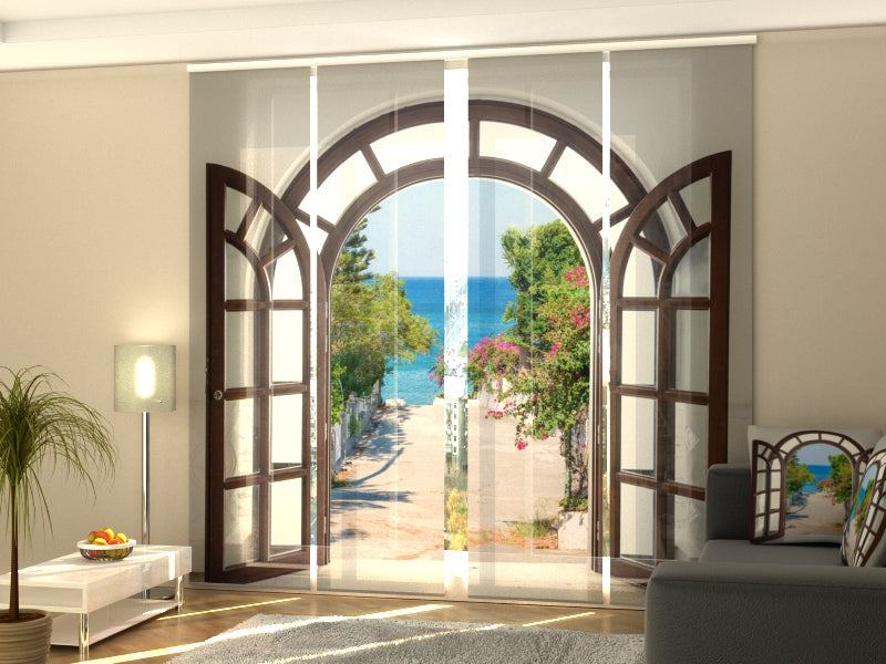 4-Panel Curtains Kit with 4-Track Rail, Sea Harmony, Size: 60x245 cm