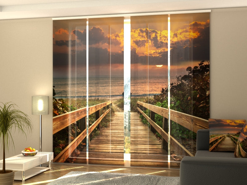 4-Panel Curtains Kit with 4-Track Rail, Sunset 3, Size: 60x300 cm