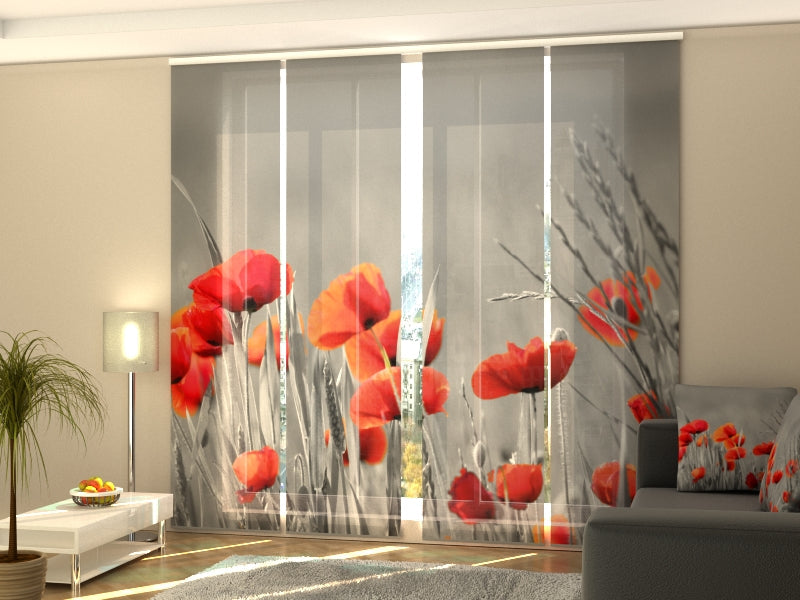 4-Panel Curtains Kit with 4-Track Rail, Wild Poppies, Size: 60x245 cm