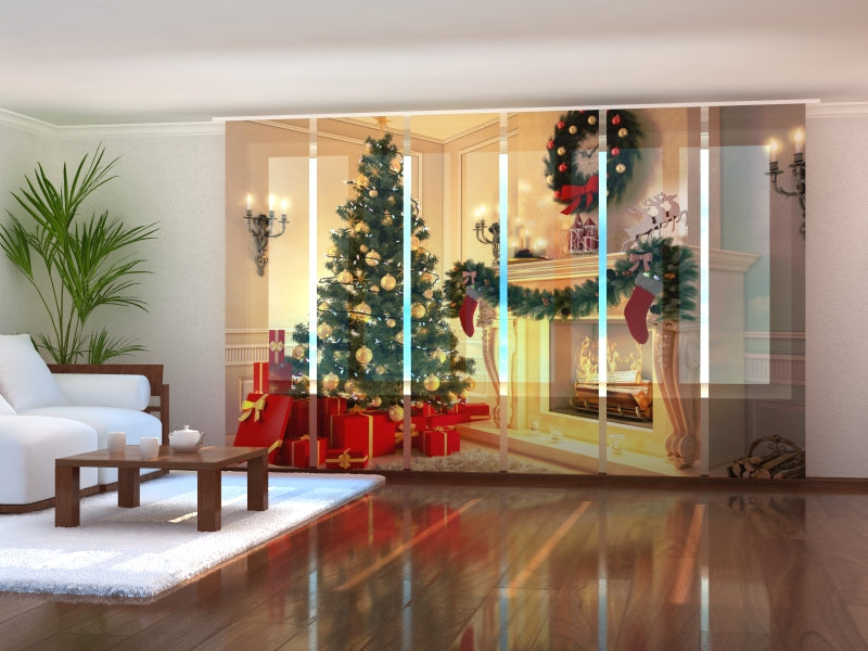 Juego de 6 Paneles de Cortinas Hermoso Árbol de Navidad y Chimenea