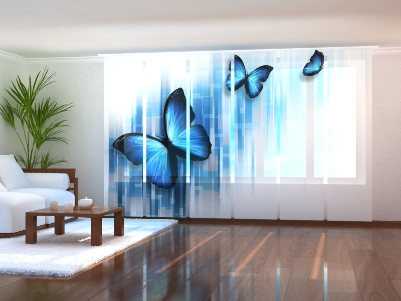 Set of 6 Sliding Panel Curtains Blue Butterflies