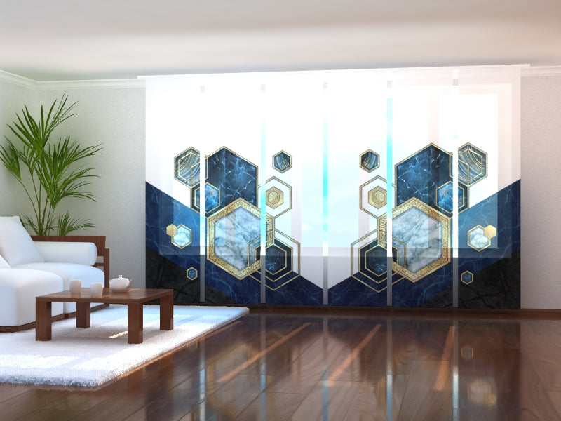 Set of 6 Sliding Panel Curtains Blue Marble Mosaic