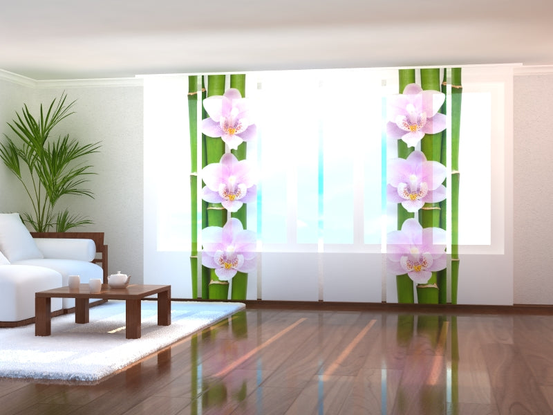 Set of 6 Panel Curtains Pink Orchids and Bamboo