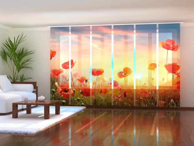 Set of 6 Sliding Panel Curtains Poppies Field at Sunset