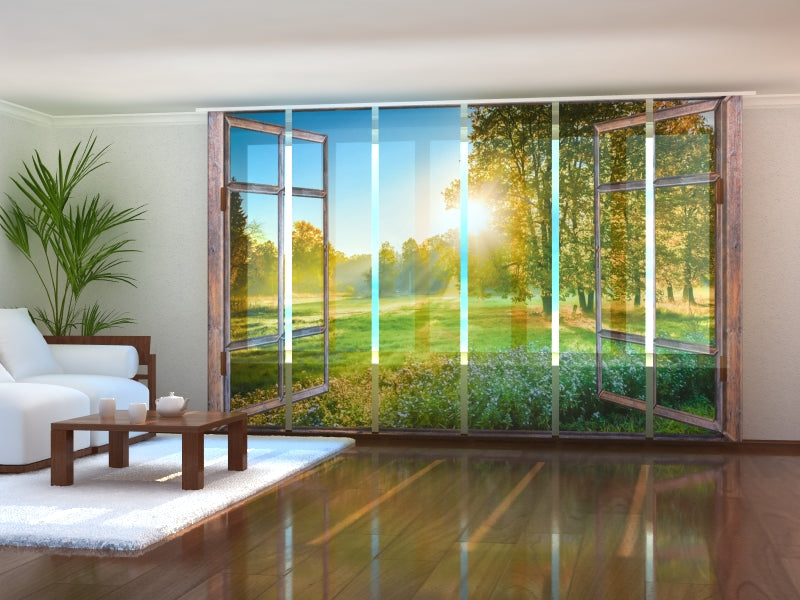 Set of 6 Sliding Panel Curtains Sunrise View from the Window